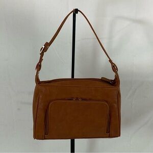 Cognac Faux Leather Organizer Shoulder Bag | Multi-Zip Everyday Purse